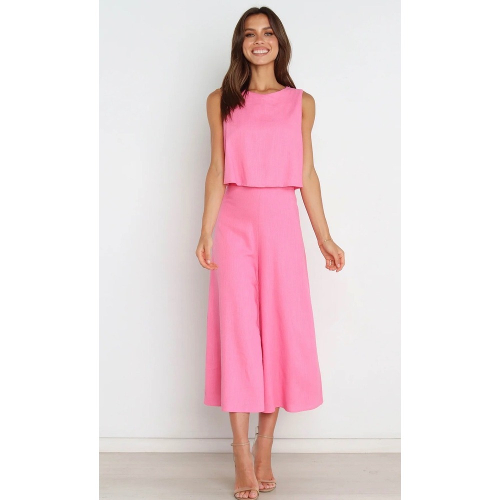 MVN THE LABEL Femme Pink Linen Blend Wide Leg Crop Overlay Jumpsuit US 4 NEW